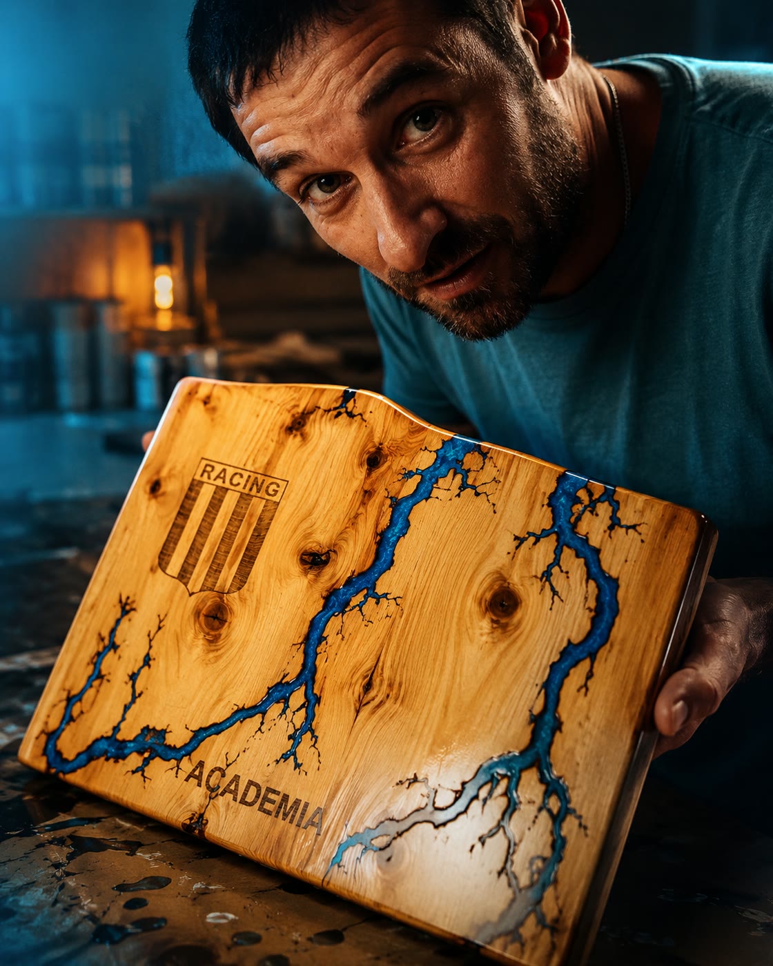 Sergio mostrando una de sus piezas artesanales